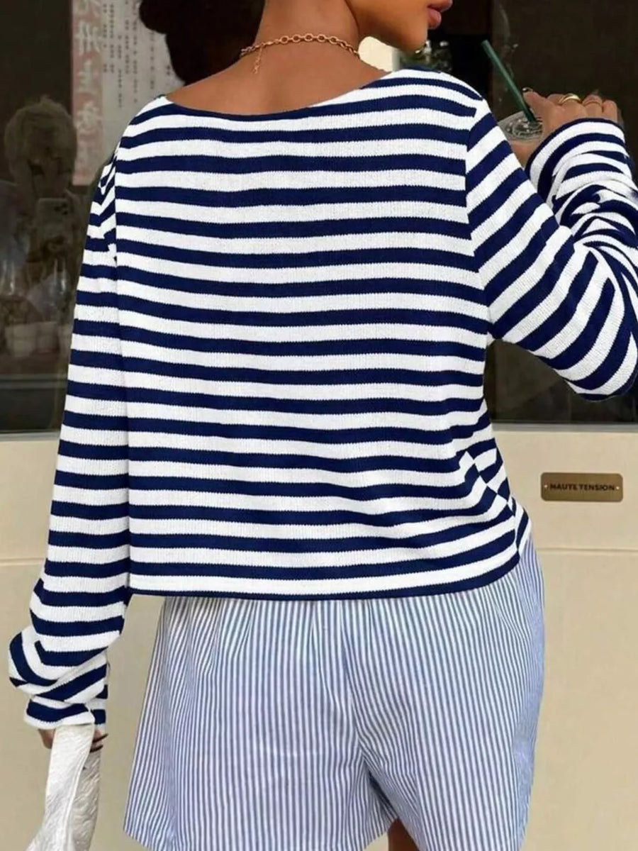 Boat Neck Striped Long Sleeve T-shirt in Navy Blue with stretch