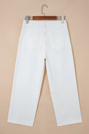 Raw Hem Ankle-Length Loose Jeans in White with buttoned