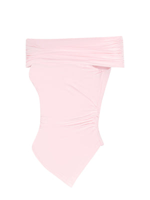 Pink asymmetrical ruched off-shoulder top with a draped neckline and side ruching.