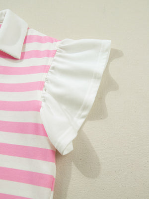 Cotton blouse with pink and white stripes and ruffled sleeves.