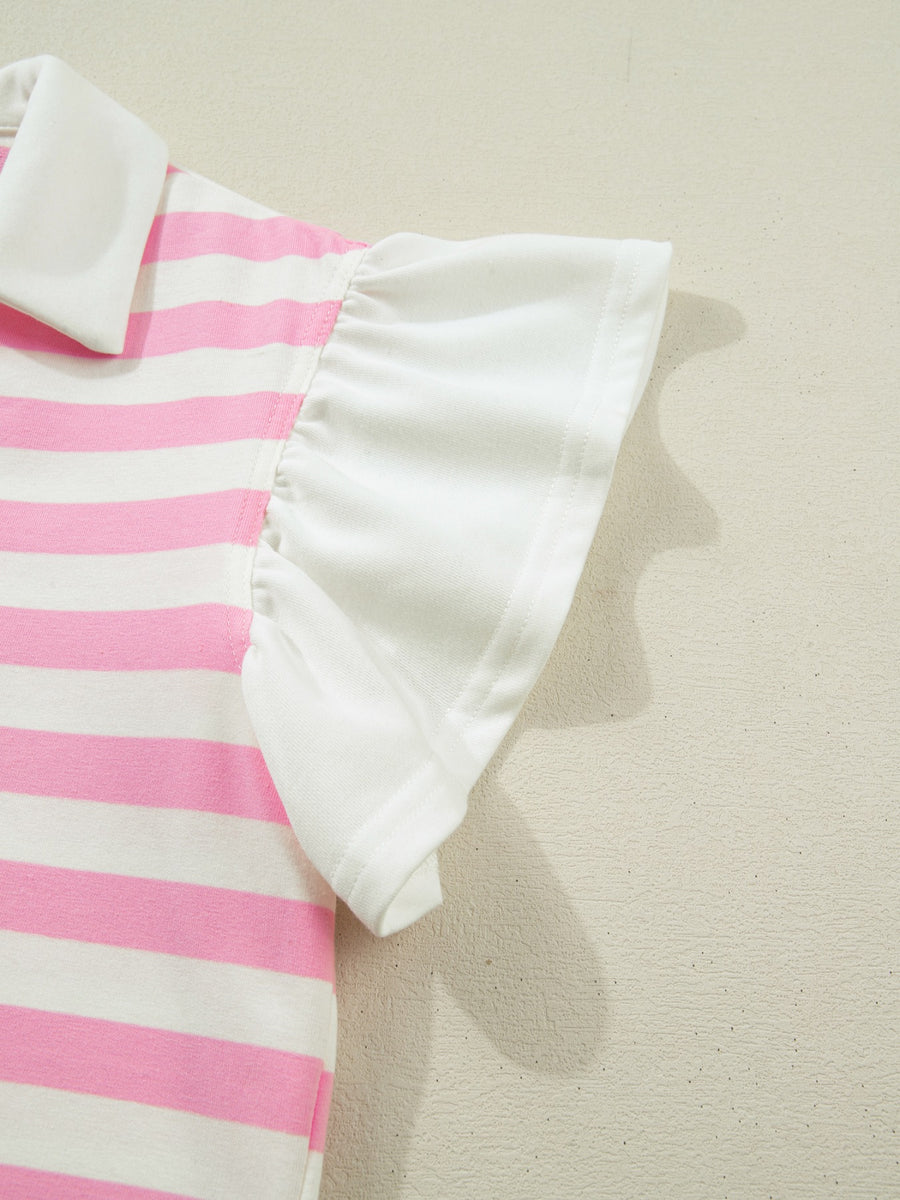 Cotton blouse with pink and white stripes and ruffled sleeves.