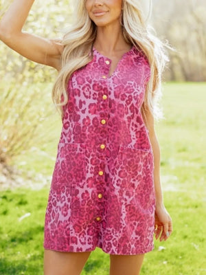Hot Pink with Leopard Denim Buttoned Shift Sleeveless Dress