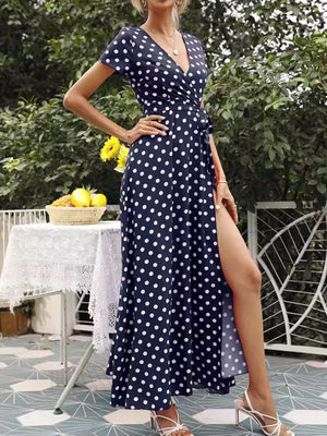 wrap dress in Dark Navy with belted and maxi