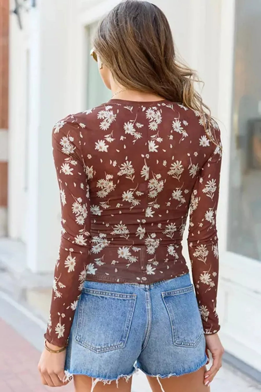 Floral Print Sheer Mesh Long Sleeve Top in Brown