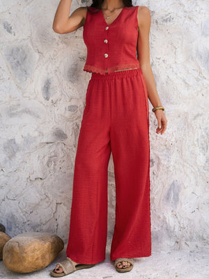 Red linen vest set with lace trim and wide-leg pants