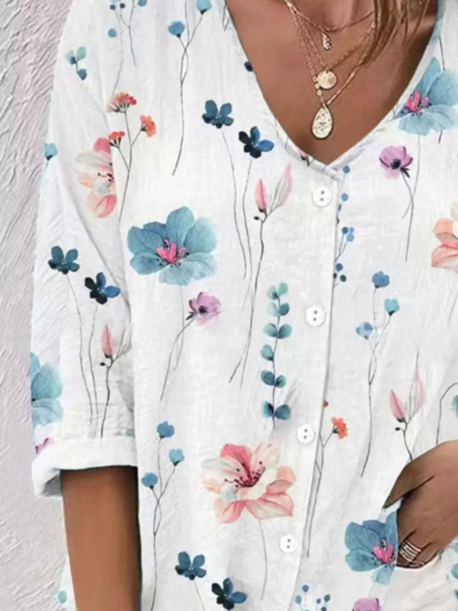 Floral Print V-neck Button-down Shirt in Dusty Blue