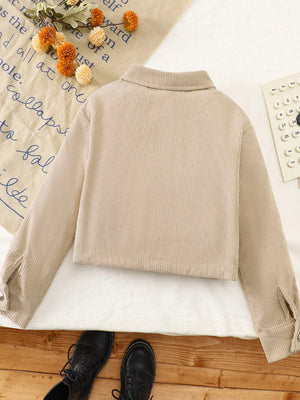 Casual tan corduroy button-up jacket with collar and button cuffs.