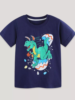 Navy cotton t-shirt with a graphic of a green dinosaur hatching from an egg with bunny ears.