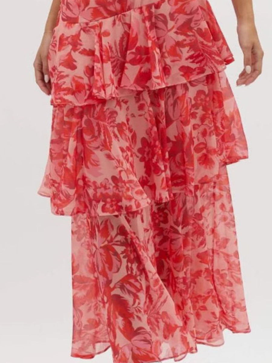 coral red maxi dress featuring tiered and floral