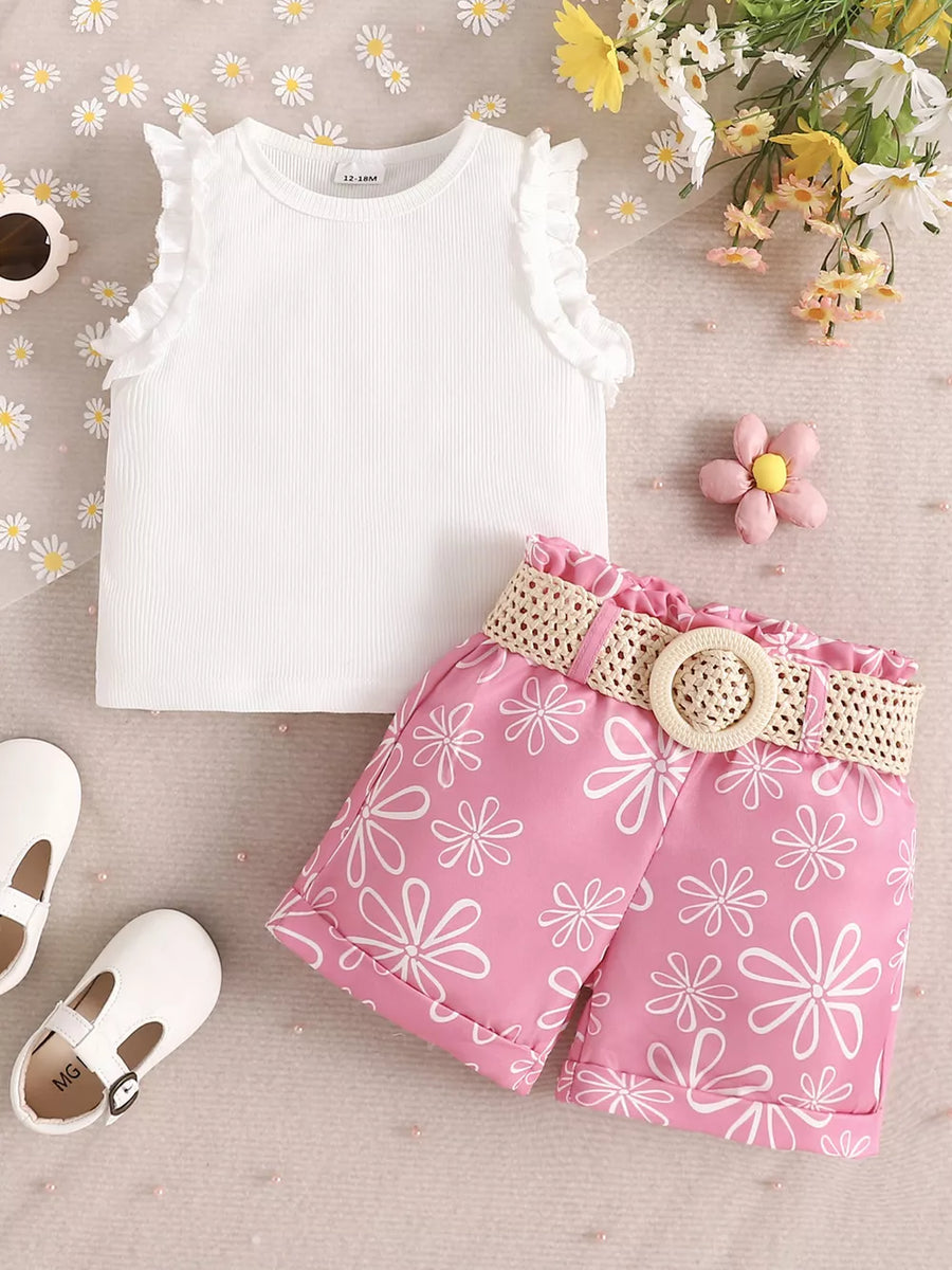 White with Children's Frill Sleeveless Top And Belt Shorts Set in White