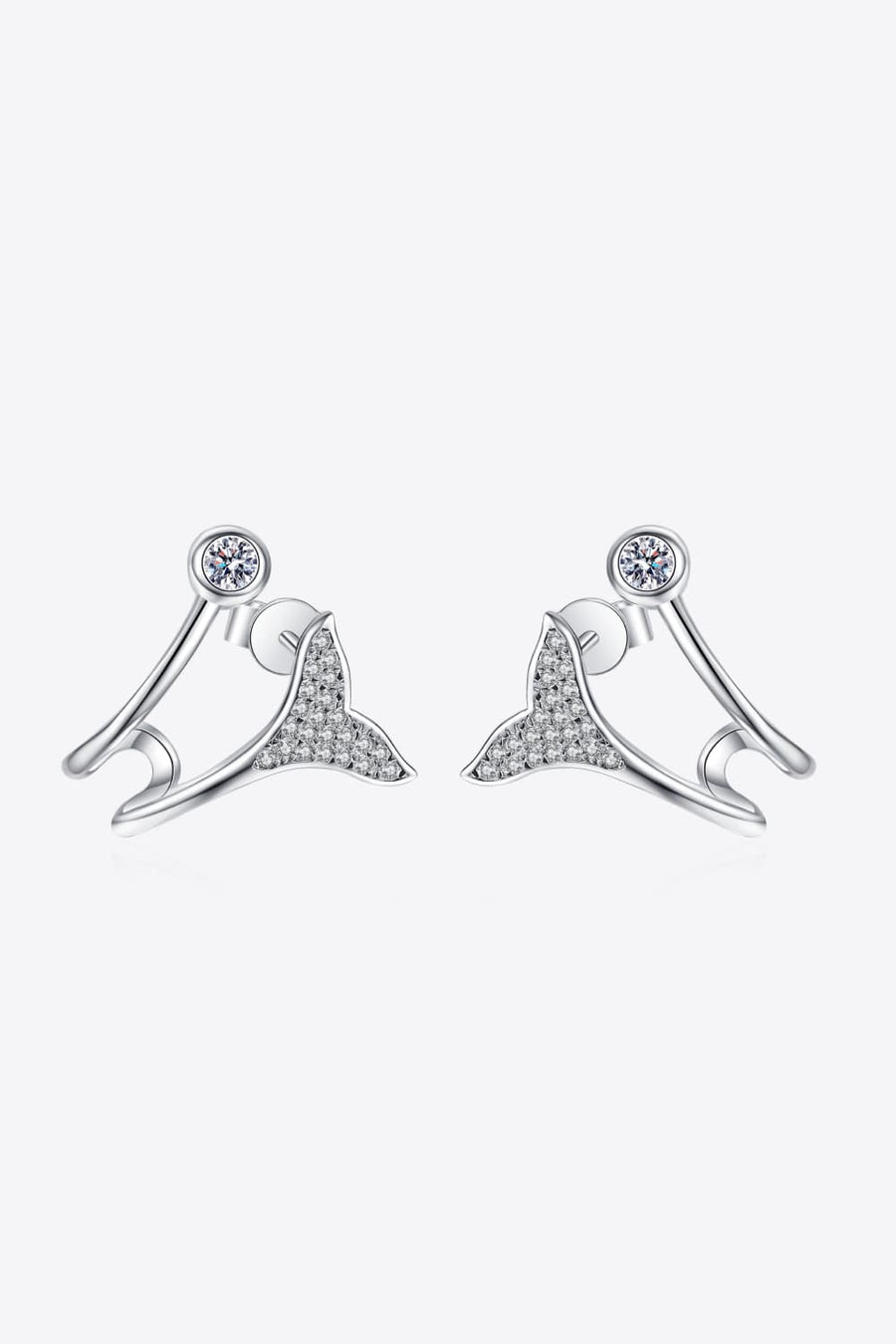 Silver crystal tail stud earrings with a single clear gem accent.