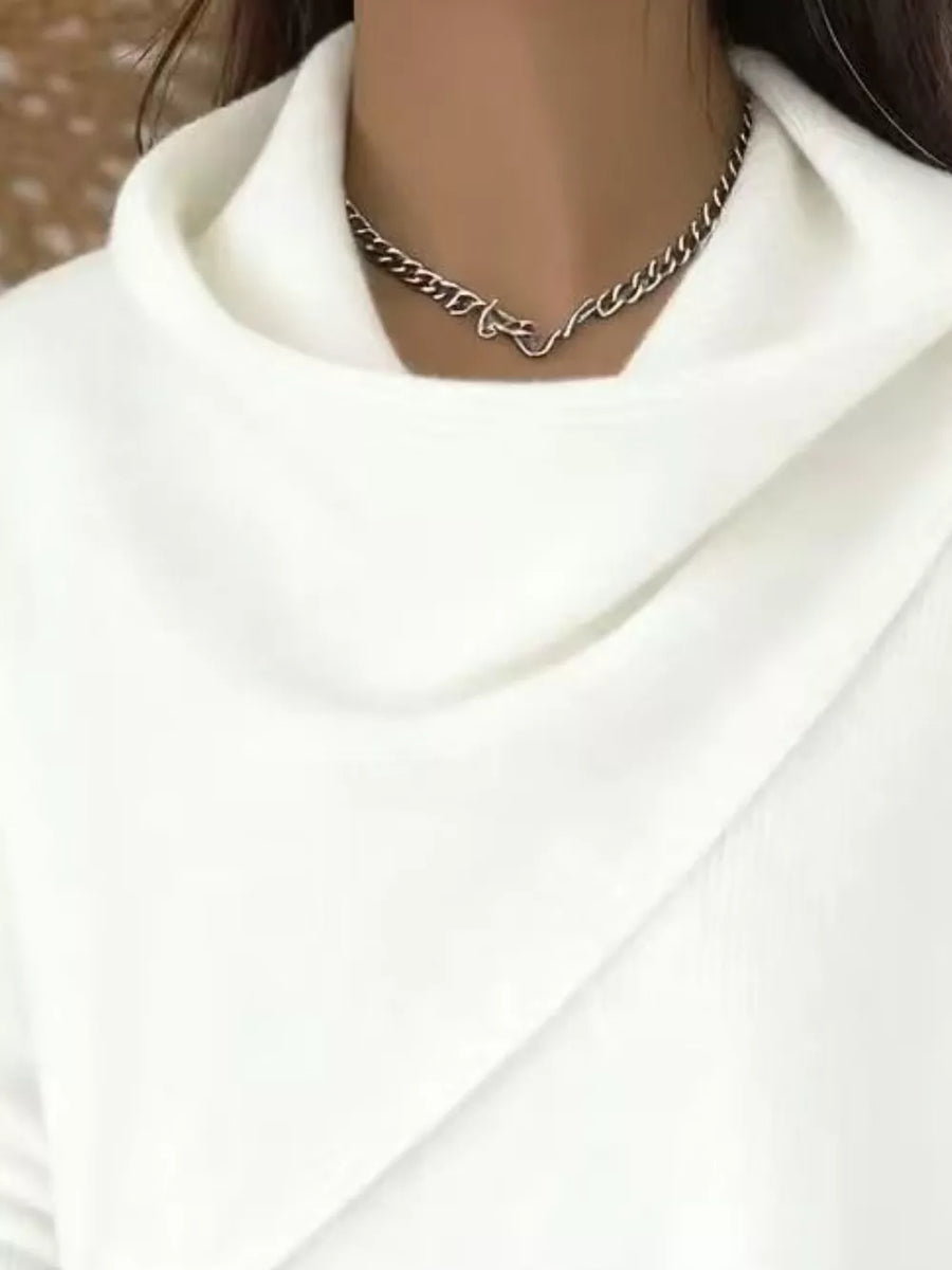 White relaxed pullover sweater with cowl neck