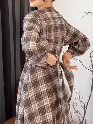 midi dress in khaki with plaid and buttoned