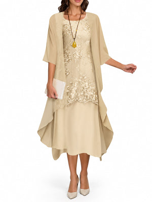 champagne midi dress with floral and round neck
