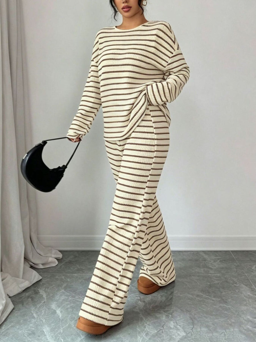 Striped Relaxed Fit Top And Pants Set in black with waffle-knit