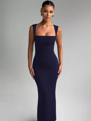 Navy blue bodycon maxi dress with square neckline and sleeveless cut.