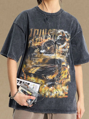 Black vintage wash graphic tee with racing car and clock motif