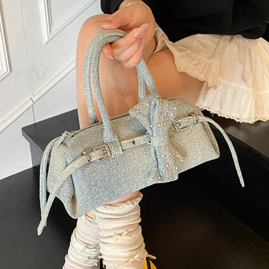 Blue with Denim Bow Accent Crossbody Bag in Blue