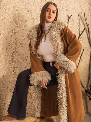 Bohemian faux fur trimmed duster coat in Caramel.