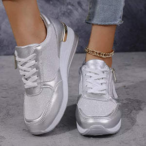 Round Toe Lace Up Sneakers in Silver with round toe
