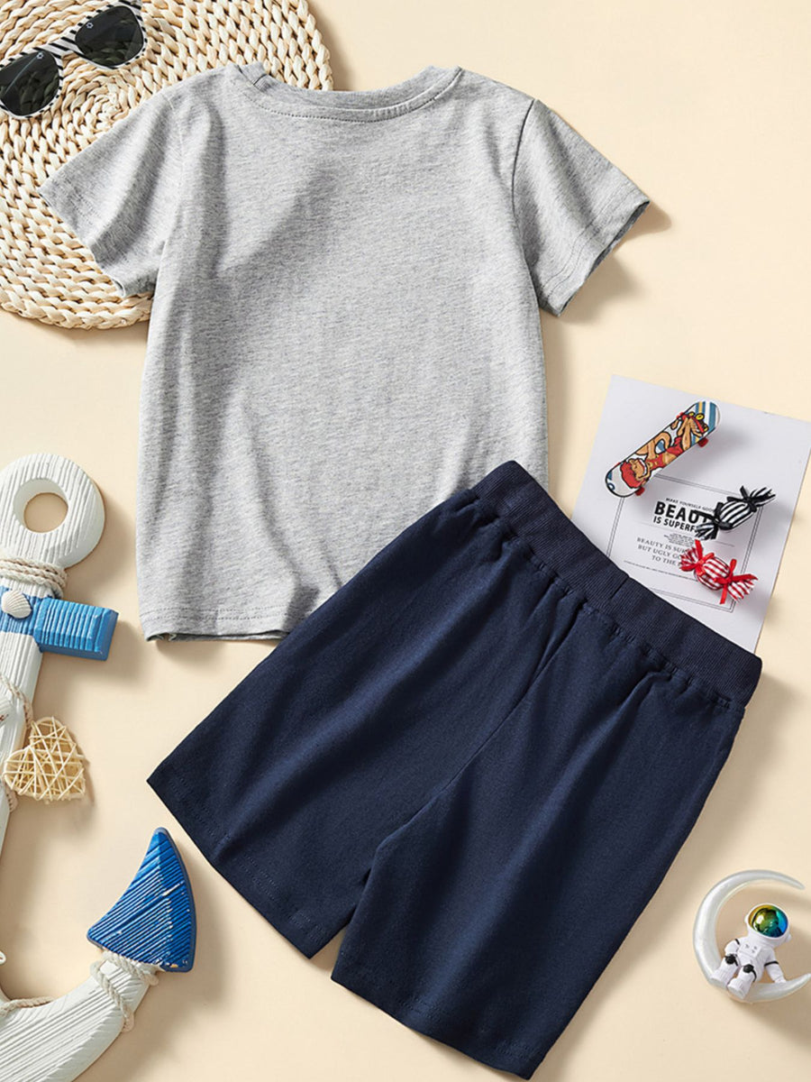 Toddler grey cotton tee and navy elastic waist shorts set.