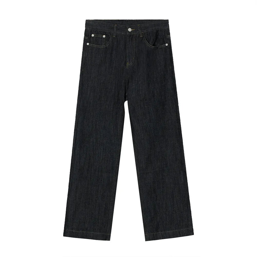 Dark wash wide-leg denim jeans with a relaxed fit and classic five-pocket styling.