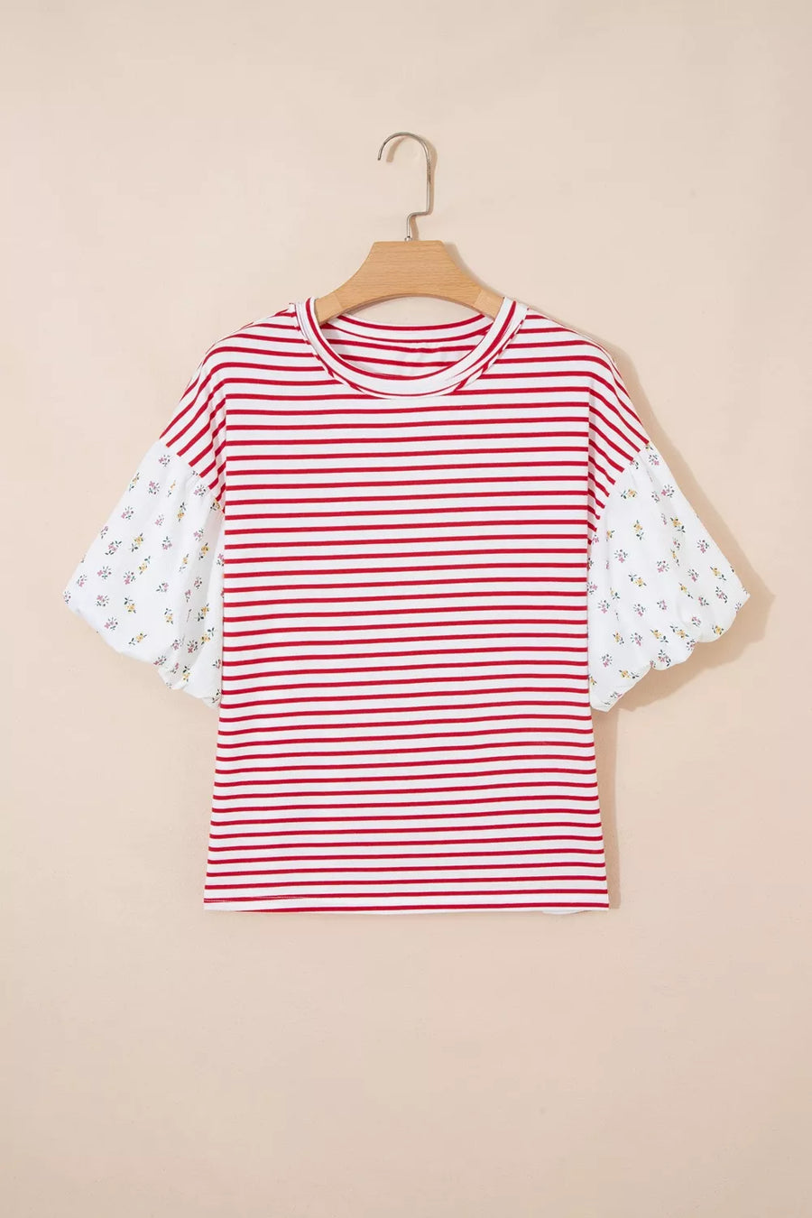 Maternity red and white striped shirt with patchwork floral puff sleeves.