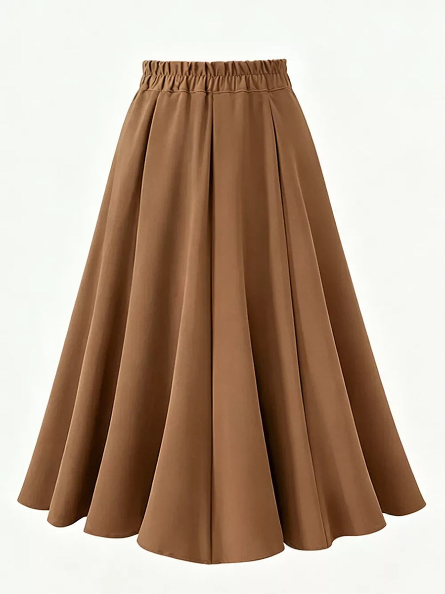 Brown with A-line Midi Skirt With Elastic Waistband