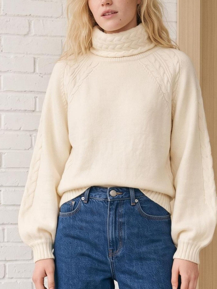 turtleneck sweater in Cream with cable knit and cable knit