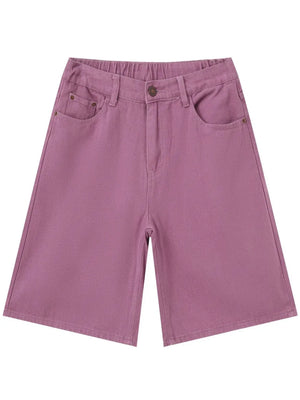 Textured denim bermuda shorts in Moonlit Mauve with elastic waistband and button closure.