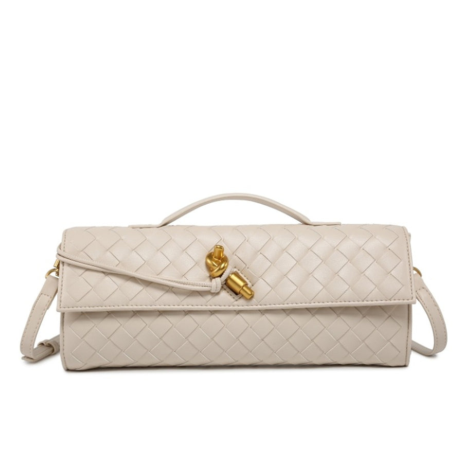 Woven Leather Wristlet Bag in Light Gray with woven texture