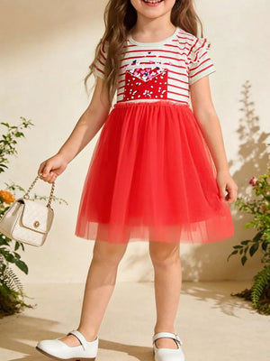 Toddler red tulle dress with striped top and envelope pocket detail.
