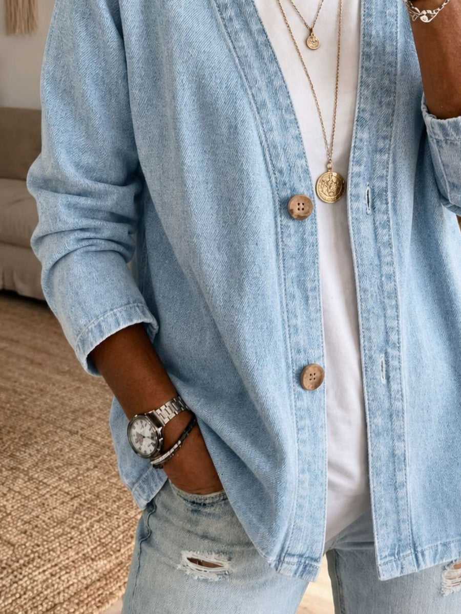 95% cotton,5% spandex Care instructions: Machine wash cold denim jacket in Light Blue with relaxed silhouette