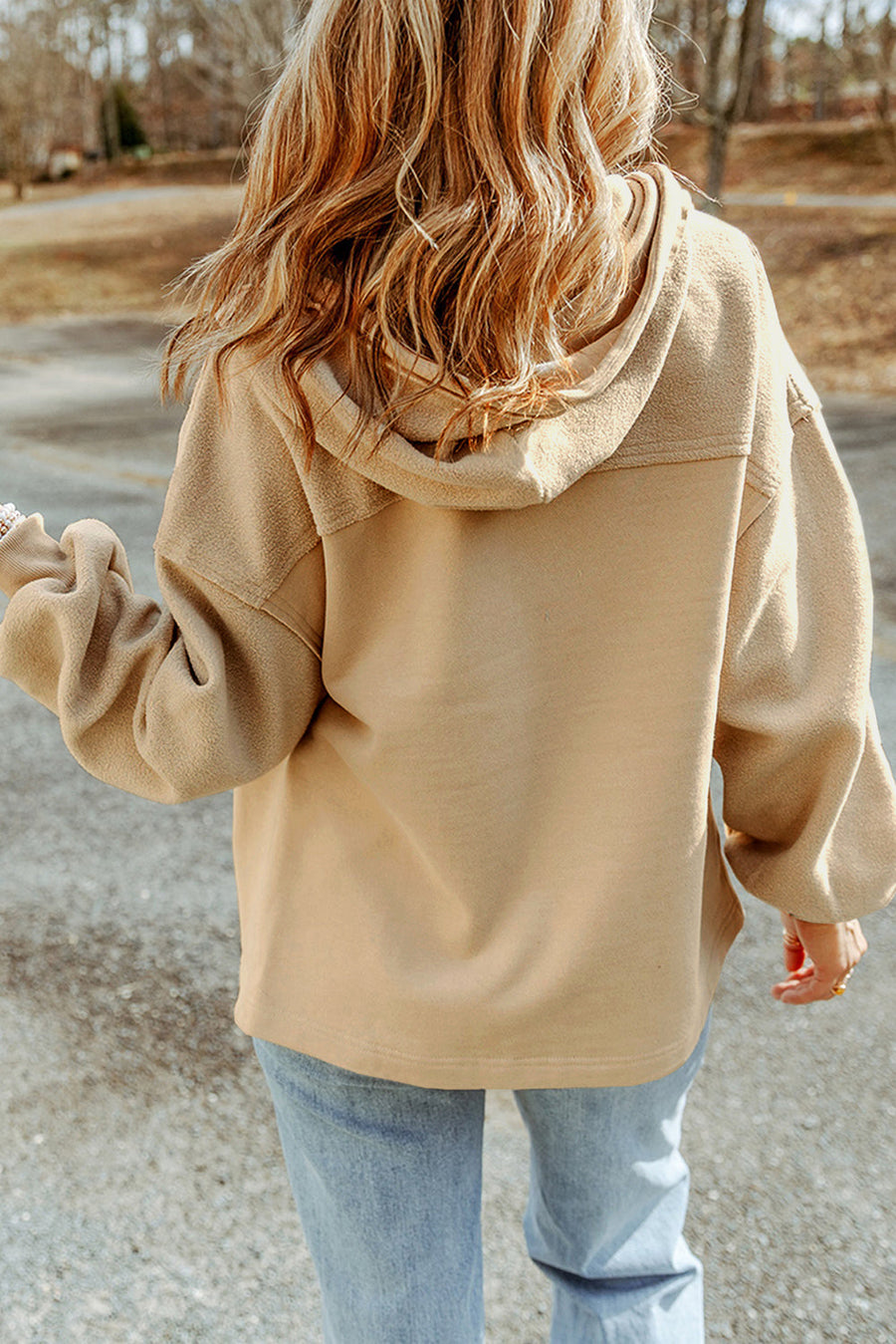 Tan textured utility hoodie jacket with a relaxed fit and hood.