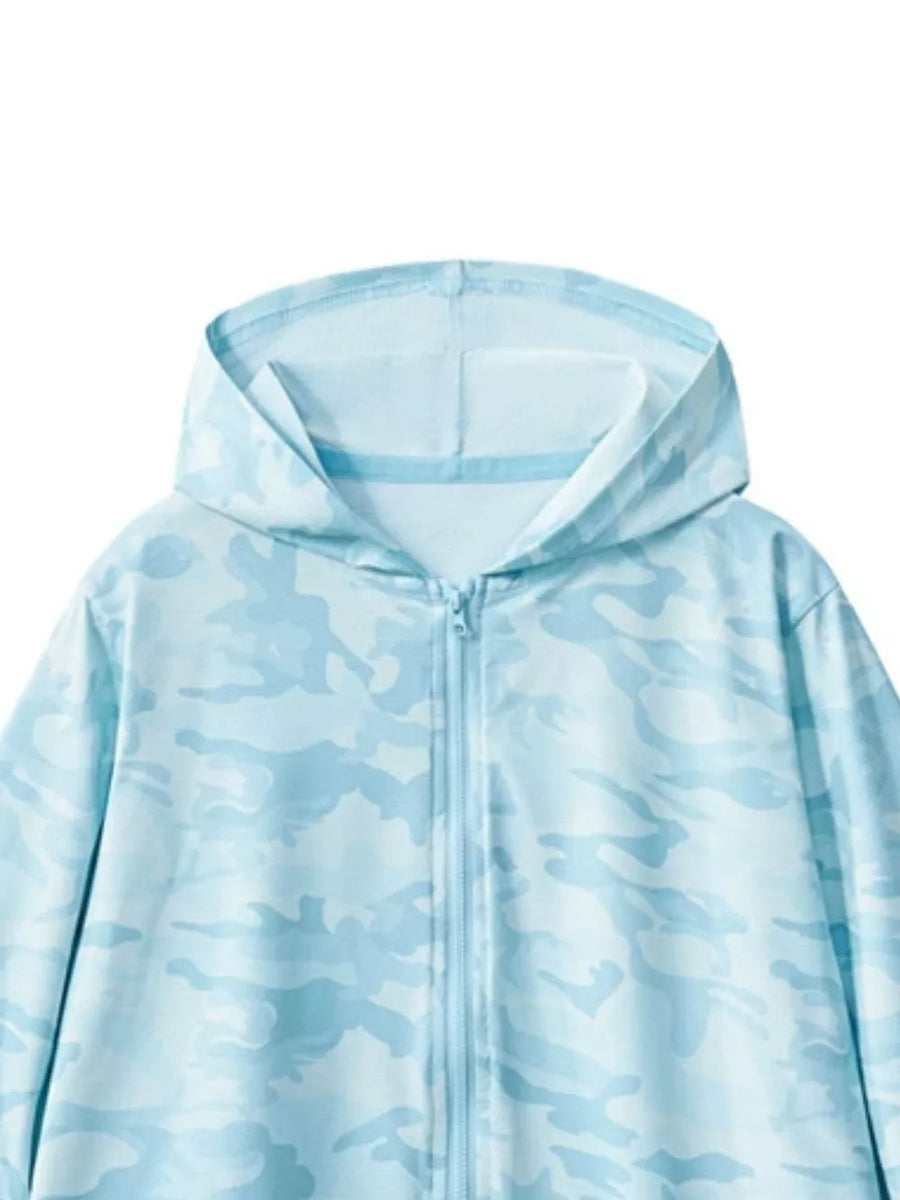 Lightweight pastel blue camouflage hooded jacket for kids with a zipper.