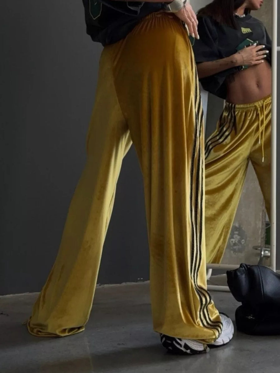 Red wide-leg pants with full-length and drawstring