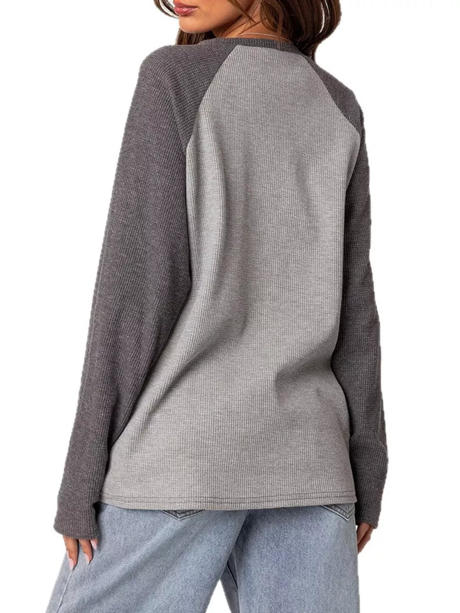 navy blue t-shirt with waffle knit and raglan sleeve