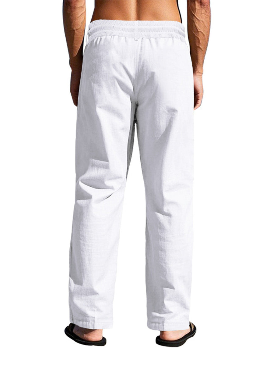 Khaki wide-leg pants with full-length and drawstring