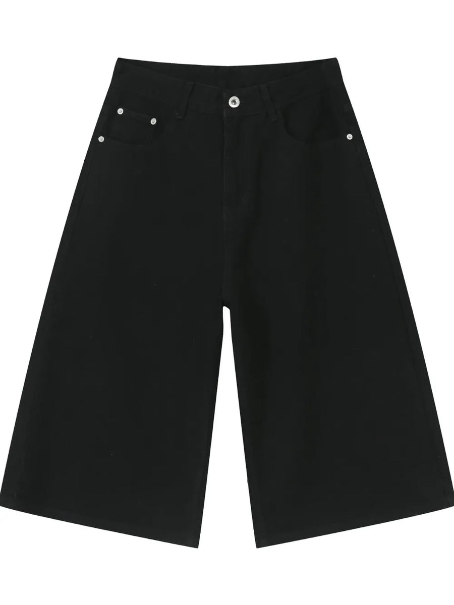 Black wide-leg denim culotte shorts with buttoned closure and front pockets.