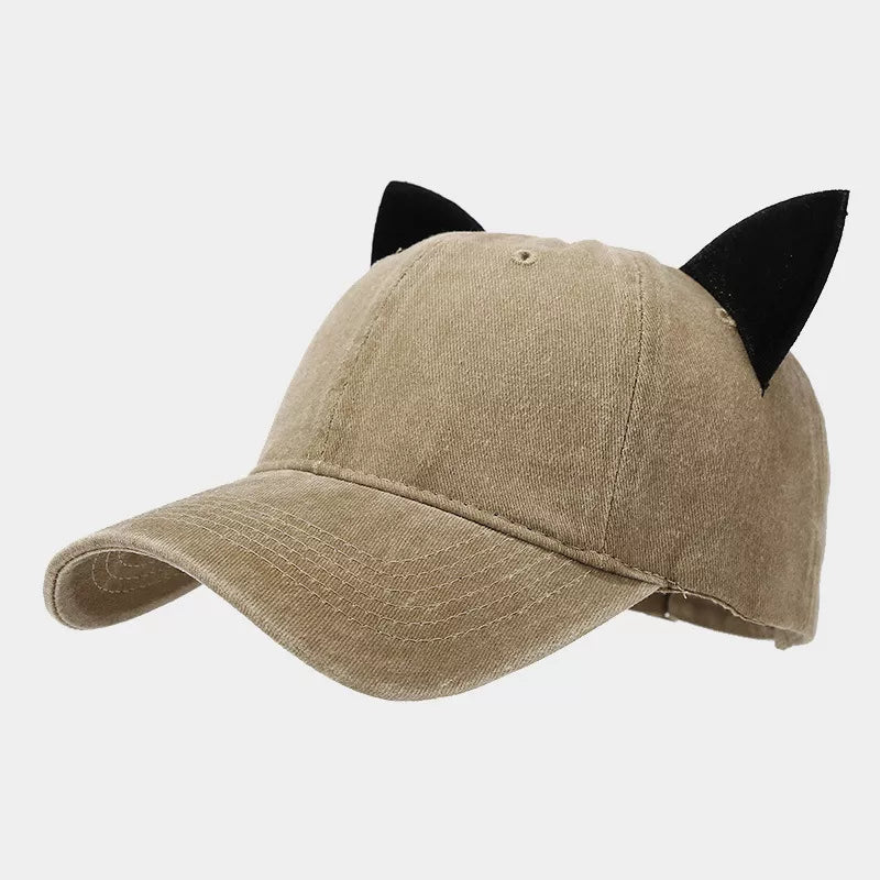 cap in tan featuring cat ears and fitted fit