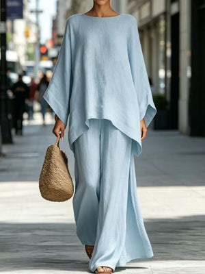 two-piece set in Light Blue with boat neck and dolman sleeve