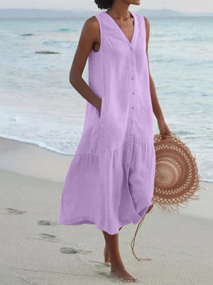 Full Size V-Neck Button Front Sleeveless Midi Dress in Pink with pocketed