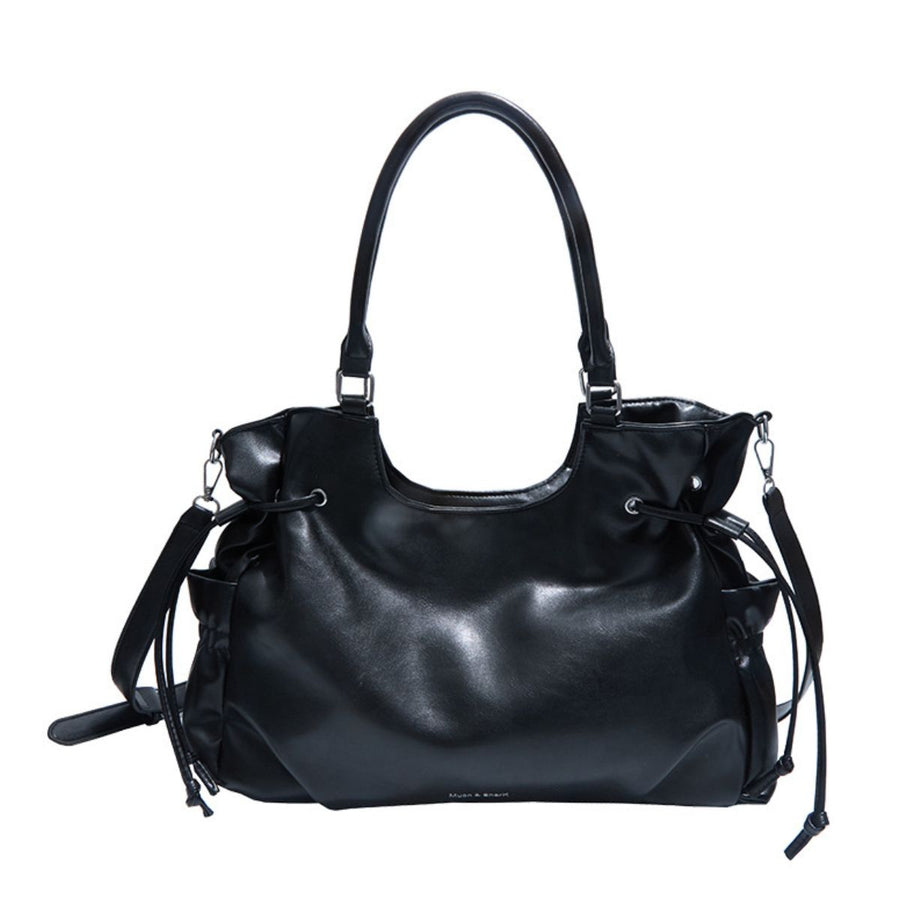Drawstring PU Leather Shoulder Bag in Black