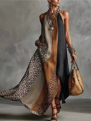 black maxi dress with color-block, leopard-print, animal-print and halter