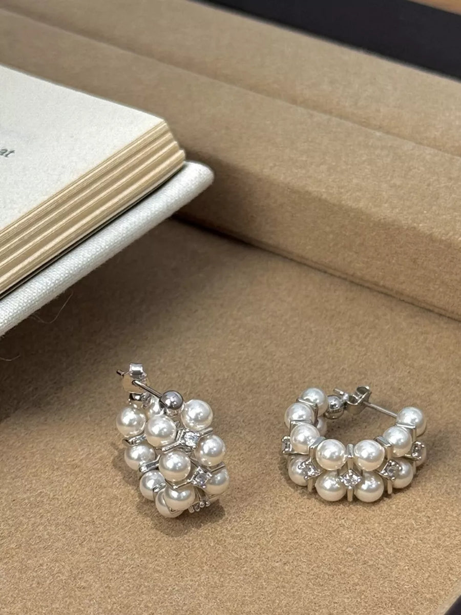 Synthetic Pearl, Alloy, 925 silver needle, Zircon Care instructions: Avoid weari earrings in silver with hoop silhouette
