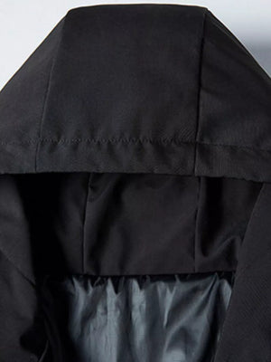 Black hooded jacket with quilted lining and detailed stitching