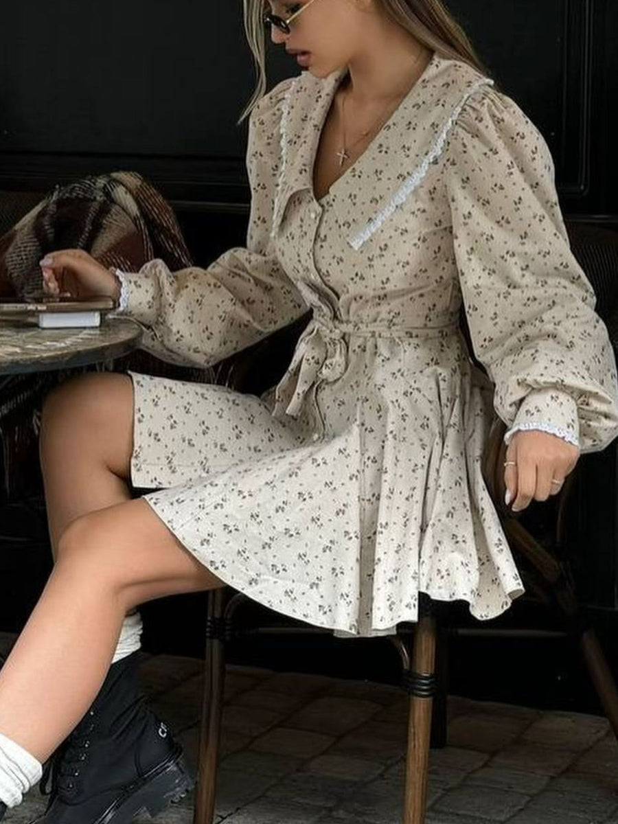 dark grey mini dress with ruffled and puff sleeve