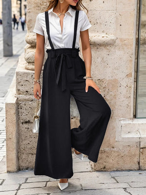Black culottes with suspender detail and tie waist, wide leg