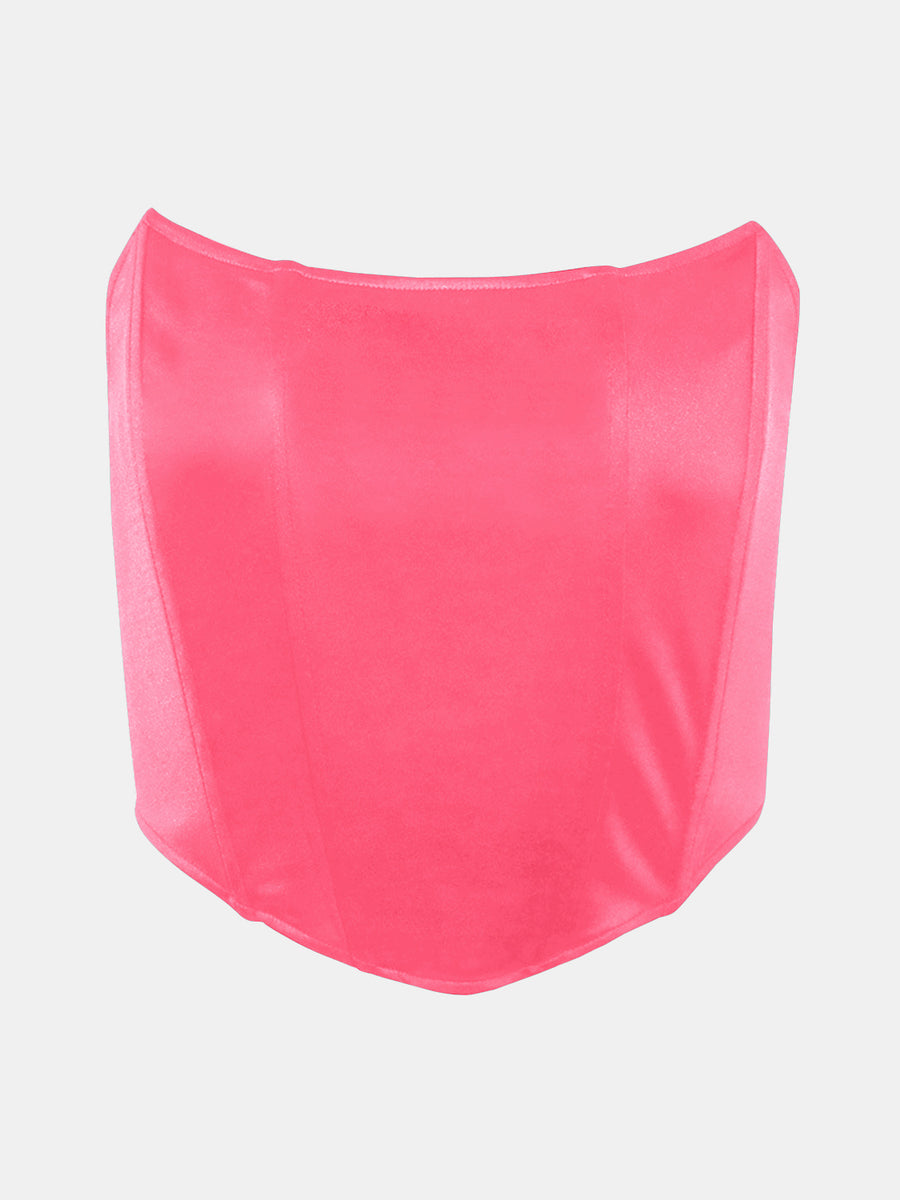 Structured corset crop top in hot pink satin with a sweetheart neckline.