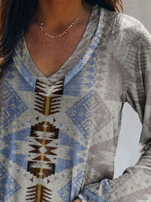 Geometric v-neck long sleeve t-shirt in grey with blue and brown tribal print
